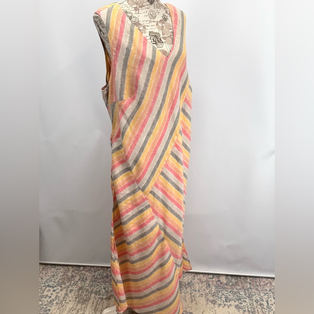 PURE JILL Pink, gray & yellow Linen sleeveless V neck maxi sundress size 3X - Picture 7 of 16